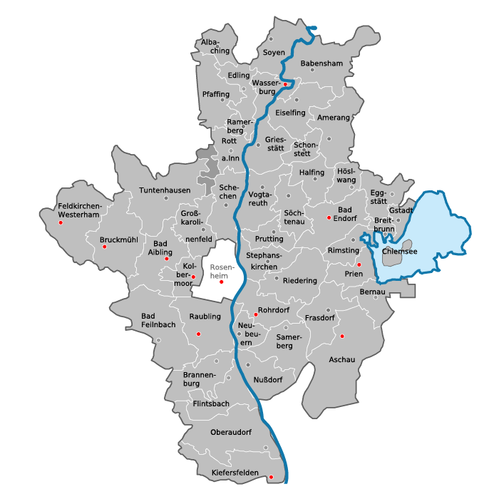 Landkarte von Rosenheim zeigt die Ausbildungsstandorte in Aschau, Bad Aibling, Bad Endorf, Bruckmühl, Feldkirchen-Westerham, Kiefersfelden, Kolbermoor, Prien, Raubling, Rohrdorf, Rosenheim und Wasserburg hervorgehoben in roter Farbe.
